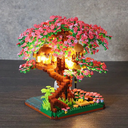 CAN0000051 - Mini Sakura Tree House Building Block Set – 3D Cherry Blossom Model with Lights