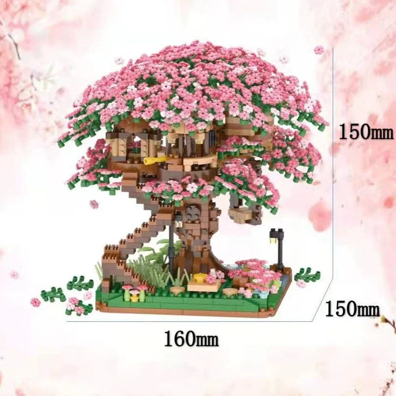 CAN0000051 - Mini Sakura Tree House Building Block Set – 3D Cherry Blossom Model with Lights