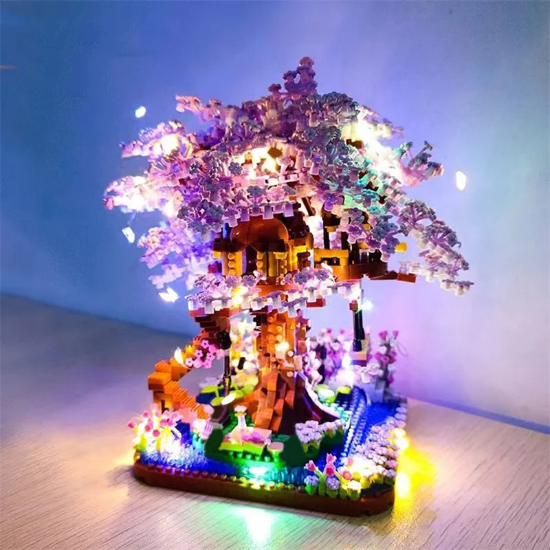 CAN0000051 - Mini Sakura Tree House Building Block Set – 3D Cherry Blossom Model with Lights